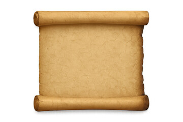 Old parchment scroll with a textured, aged paper surface. Blank vintage document on a transparent background, providing copy space