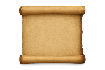 Old parchment scroll with a textured, aged paper surface. Blank vintage document on a transparent background, providing copy space