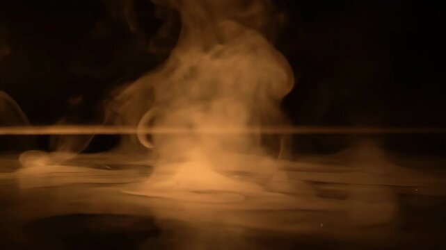 Wisps of warm, ethereal steam rise slowly and gracefully from a dark, tranquil water surface in a relaxing slow motion shot hot spring, environmental, outdoor