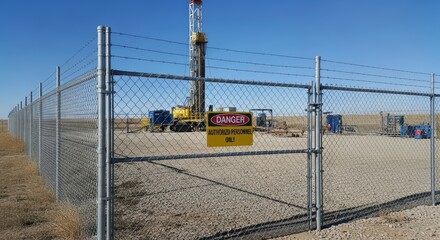 Fototapeta premium Oil rig and safety fence with warning sign in desert landscape
