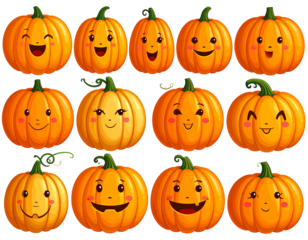 Rows of cheerful cartoon pumpkins with unique expressions against a black background, perfect for autumn decoration