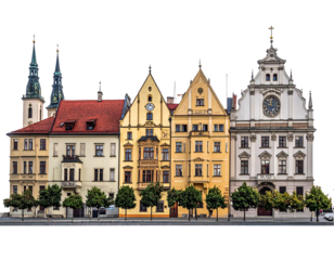 Rows of colorful buildings with intricate architectural detail against black background