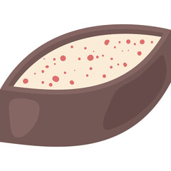 Close up of a small oval brown bowl filled with light beige creamy substance and speckled with small red dots on a transparent background