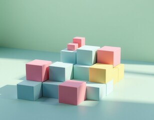 Obraz premium Layered pastel cubes arranged on a smooth surface with soft green background, creating a modern geometric composition with depth, symmetry, and gentle lighting.