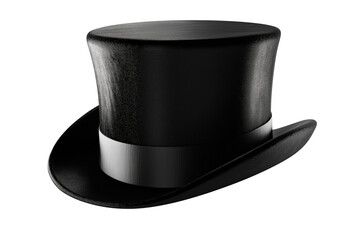 Black silk top hat with silver band isolated on a transparent background