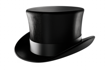 Black silk top hat with silver band isolated on a transparent background