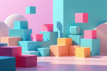 Vibrant 3D scene with pastel cubes floating above a split pink and turquoise background, featuring abstract domes and soft shadows for a playful, modern composition.