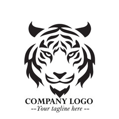 Powerful Head of Tiger Logo Symbol in Black on White Background with Bold Modern Minimalist Design