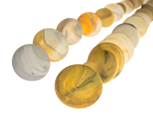 Rows of marble-like orbs fading to gold with swirling patterns, staggered on a black surface, creating depth