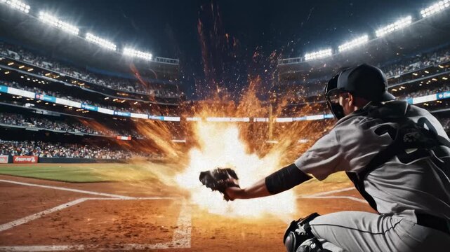 Baseball Player Hitting Ball at Stadium With Explosion and Fireworks