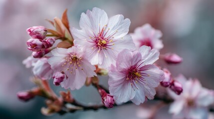 Fototapeta premium Delicate Cherry Blossom Branch with Beautiful Pink Flowers and Buds in Soft Natural Lighting During Early Spring Season Celebrating Nature’s Beauty
