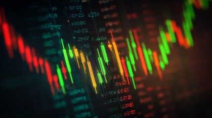 Fototapeta premium Abstract financial trading graph with vibrant candlestick charts showcasing dynamic market fluctuations in green, red, and orange hues