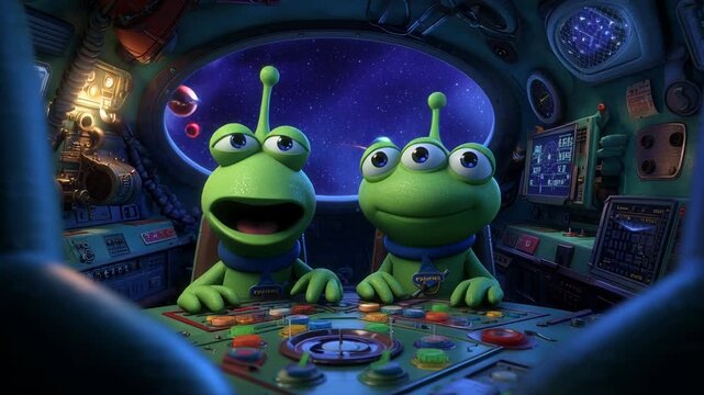 Cartoon aliens piloting a spaceship with cosmic view