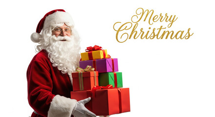 Santa Claus holding colorful gift box, smiling with joyful expression, wearing red suit and white gloves, festive holiday background, Merry Christmas text, isolated on white