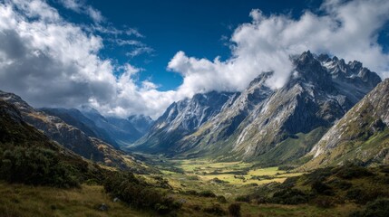 Naklejka premium Breathtaking Mountain Landscape Under Dramatic Clouds with Lush Green Valley and Majestic Peaks in Clear Blue Sky