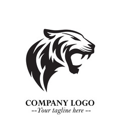 Powerful Head of Tiger Logo Symbol in Black on White Background with Bold Modern Minimalist Design