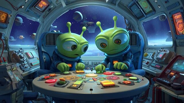 Two cartoon aliens playing board game inside spaceship cockpit