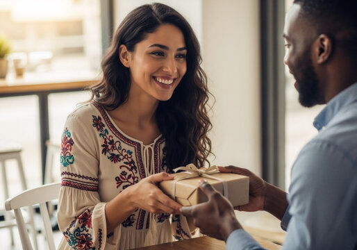 A happy young Latina woman receives a gift in craft paper with a bow from an African American man at a cafe or restaurant.