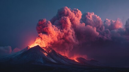 Majestic Eruption of Volcano with Fiery Lava Flow and Dramatic Cloud of Ashes at Dusk in a Stunning Natural Landscape