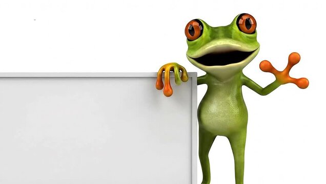 Funny 3D cartoon frog character leans on blank white mockup sign, wakes up, presents the empty space, seamless loop animation.