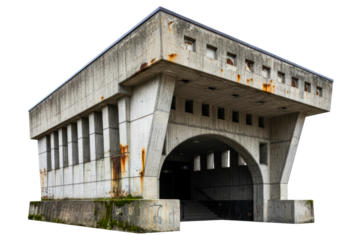 Old weathered brutalist concrete building with archways isolated on a transparent background