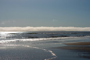 Sparkling ocean waves reflecting sunlight with fog horizon. Sunlit waves shimmer across the ocean surface, while a dense fog bank stretches across the horizon, blending sky and water. Sea of Okhotsk