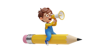 Cartoon boy with megaphone sitting on giant pencil isolated on transparent background