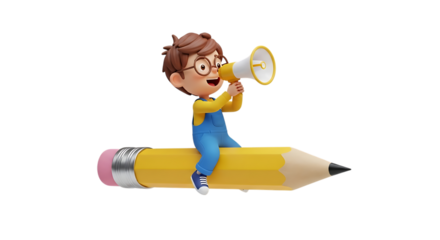 Cartoon boy with megaphone sitting on giant pencil isolated on transparent background