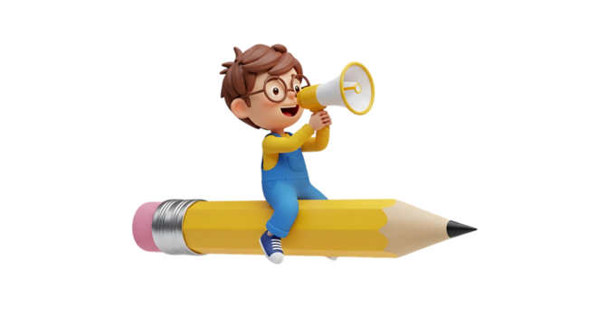 Cartoon boy with megaphone sitting on giant pencil isolated on transparent background