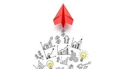 Red paper airplane flying upward with hand drawn business icons including dollar signs graphs arrows and light bulbs symbolizing financial growth innovation and success
