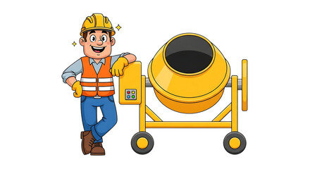 Happy construction worker with a yellow cement mixer isolated on transparent background