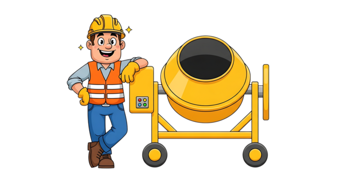 Happy construction worker with a yellow cement mixer isolated on transparent background