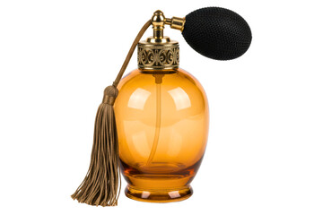 Vintage amber glass perfume bottle with bulb sprayer and tassel isolated on a transparent background
