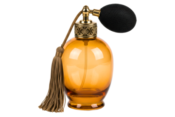 Vintage amber glass perfume bottle with bulb sprayer and tassel isolated on a transparent background