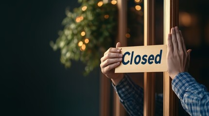 Person hands hanging 'Closed' sign on wooden business door frame with evening bokeh lights, symbolizing temporary closure or end of daily operations.