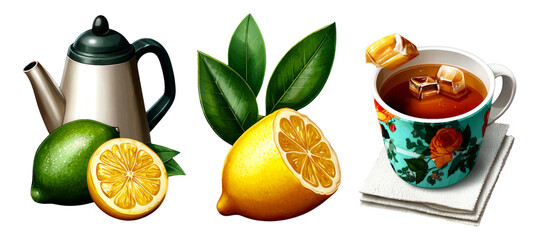 Fresh Lemon and Lime with Teapot and Iced Tea in Vibrant Art Style