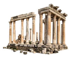Ruins of ancient, weathered columns under a bright sky, with crumbling details and stones in the foreground
