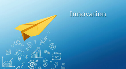 Yellow paper airplane innovation creativity business growth blue background lightbulb graph success finance technology motivation inspiring concept