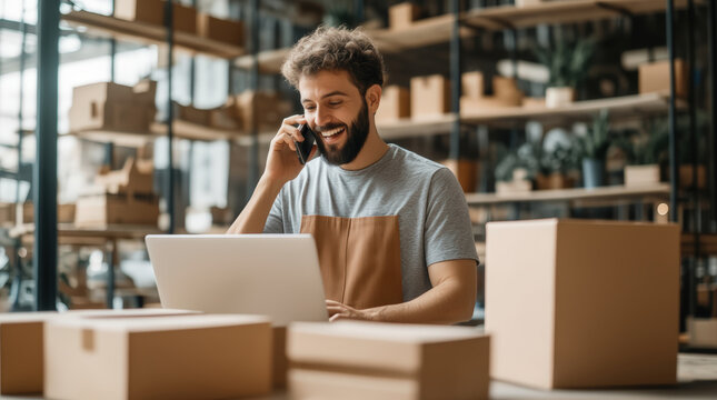 Cheerful small business owner multitasking with phone call and laptop amidst shipping boxes in modern e-commerce warehouse for efficient order fulfillment and customer service. - Powered by Adobe