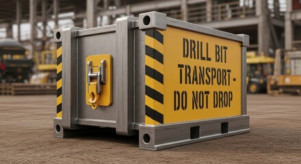 Safety warning on yellow hazardous drill bit transport box in industrial warehouse