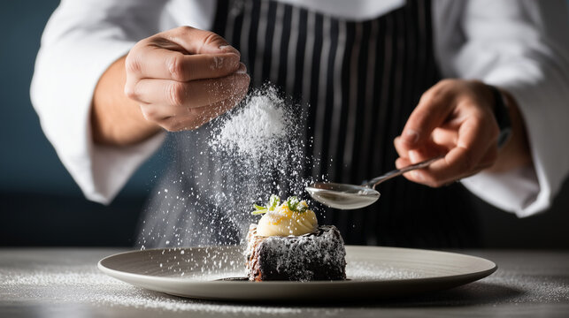 Close-up of a chef plating dessert, powdered sugar floating midair, moody lighting - Powered by Adobe