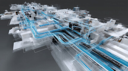 Hyper-detailed 3D blueprint of air duct network, showing flow paths and HVAC nodes
