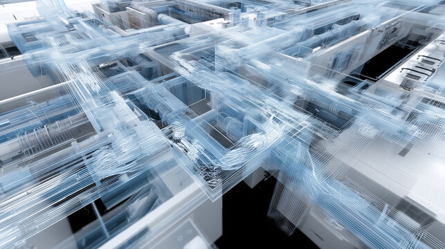 Hyper-detailed 3D blueprint of air duct network, showing flow paths and HVAC nodes