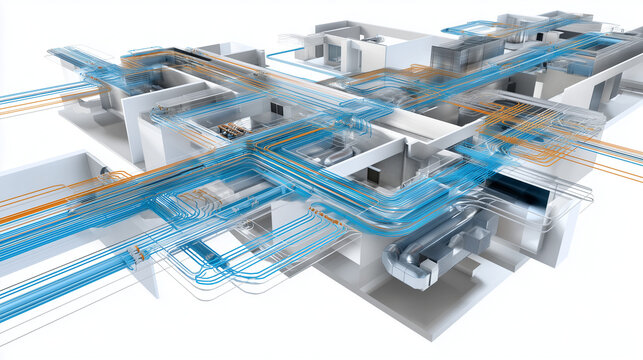 Complex 3D vector plan of air duct layout, showing flow lines and system nodes