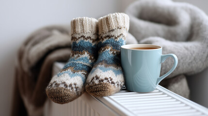 Knitted socks on radiator, blurred tea mug and blanket behind, warm cozy light