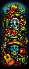 Fototapeta premium Traditional Mexican symbols: chili, sugar skull, taco and others. Illustrations for posters, banners, prints in honor of Mexican holidays