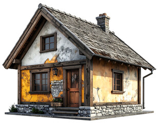 Rustic, quaint cottage with weathered facade, stone foundation, and wooden trim, with a weathered shingle roof