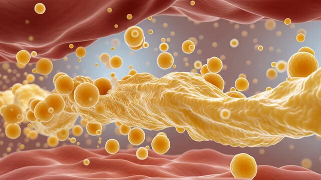 Microscopic view of cells and particles in a bloodstream environment.
