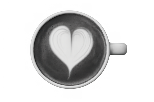 Coffee drink with latte art heart symbol, showing love and passion, black and white image with transparent background