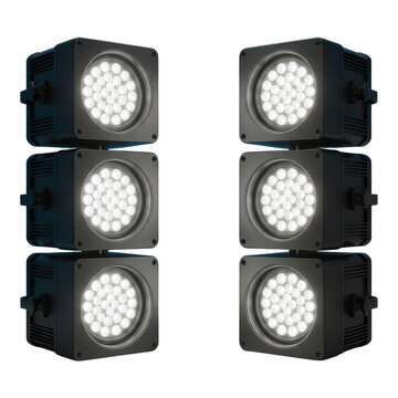 Six led par lights isolated on transparent background, stage lighting equipment